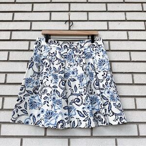 LOFT Blue White Floral A-Line Skirt Cotton Blend Pleated Above Knee Pockets 10